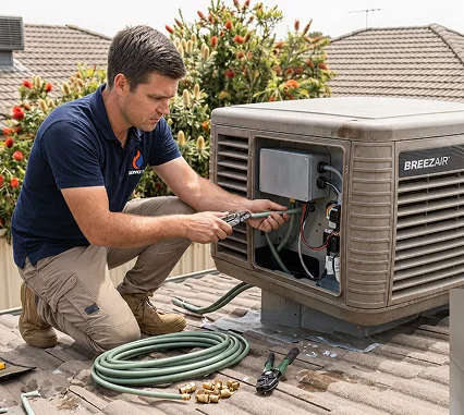 Licensed HVAC contractor in Melbourne servicing gas heating and evaporative cooling systems on a residential rooftop.