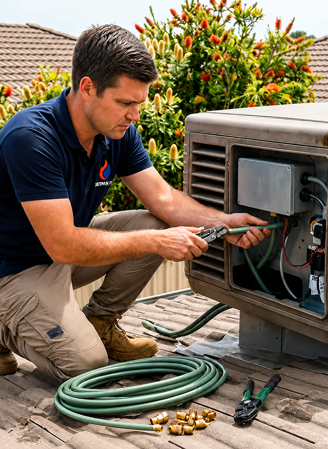 Licensed HVAC contractor in Melbourne servicing gas heating and evaporative cooling systems on a residential rooftop.